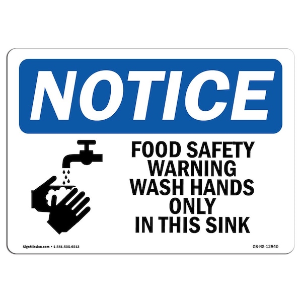 Safety Sign, OSHA Notice, 12" Height, Food Safety Warning Wash Hands Sign With Symbol, Landscape